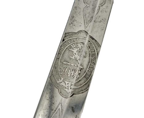 83.5cm curved fullered blade etched with scrolling foliage, crowned VR cypher, strung bugle horn, VICTORIA RIFLES, owner's cr