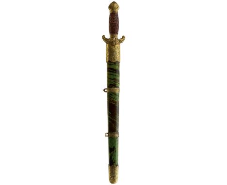 44.25cm flattened diamond section blades, characteristic brass mounted hilts with wooden grips decorated with calligraphy and