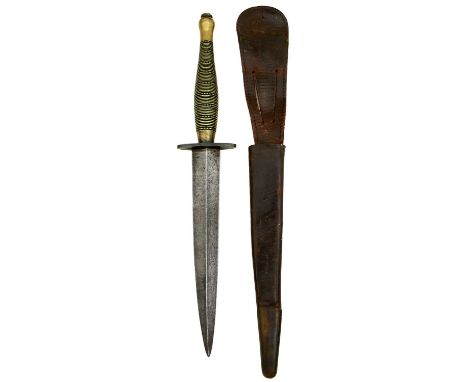 17.5cm flattened diamond section blade, regulation beaded and ribbed brass hilt, the crossguard stamped with an arrow, contai