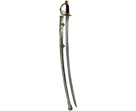 90cm curved fullered blade, regulation three-bar brass hilt, ribbed leather grip, contained in its steel scabbard. Tight figh