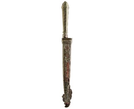 17.5cm blade etched with ranching scenes, faceted white metal hilt decorated with leaves, contained in its white metal scabba