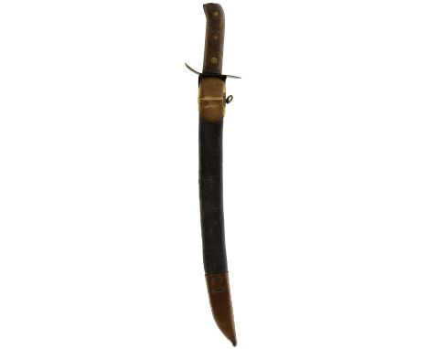 43cm curved fullered blade stamped HEMBRUG, riveted two-piece wooden grips, contained in its brass mounted leather scabbard. 