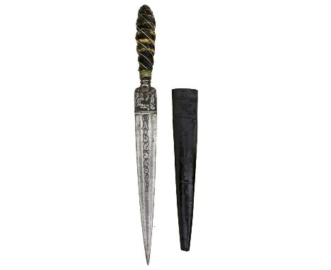 21cm flattened diamond section fullered blade chiselled with foliage, wire bound spirally fluted horn hilt, in its tooled lea