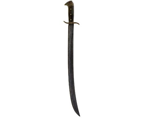 55.5cm curved fullered blade with faint maker's stamp, plated brass hilt with cockerel head pommel, riveted horn grips. No sc