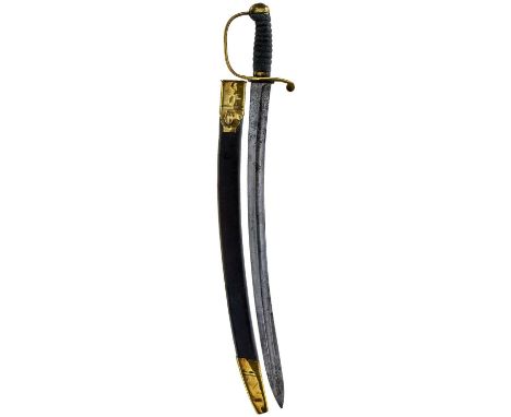 60cm curved fullered blade, regulation brass hilt with D-shaped knuckle guard, ribbed fishskin grip, contained in its brass m