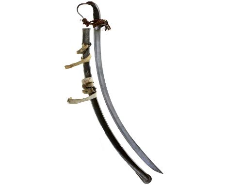 76cm sharply curved blade, regulation steel stirrup hilt, wire bound leather covered wooden grip, contained in its steel scab