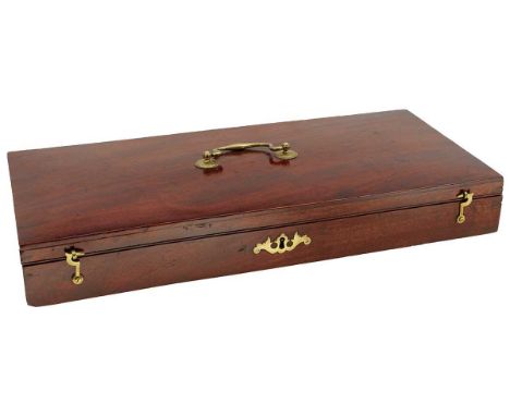 the mahogany box with Chippendale style brass handle, swinging catches and foliate escutcheon to the key hole. No interior, t
