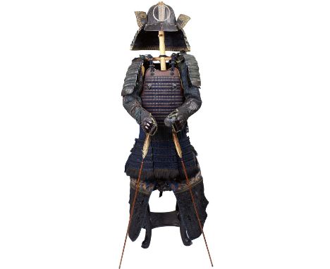 the 16 plate suji bachi kabuto with four stage tehen kanomono of gilt metal, the shaped peak red lacquered to the underside a