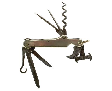 7.5cm blade with maker's panel at the forte, combination 12 and 16-bore cartridge extractor, six further fold out blades or t