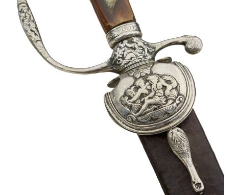 54c, fullered blade stamped IS or SI to either side, characteristic hilt with D-shaped knuckle bow and down turned shield-sha