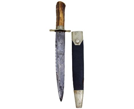 25.5cm fullered blade with faceted back edge, etched with scrolling foliage and owner's initials JWBB, white metal mounted hi