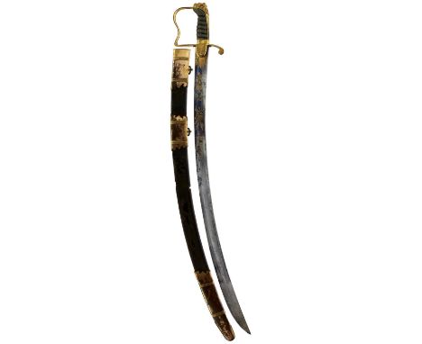 79cm blade etched and gilt against a blued ground with trophies of arms and scrolling foliage, gilt stirrup hilt with lion's 