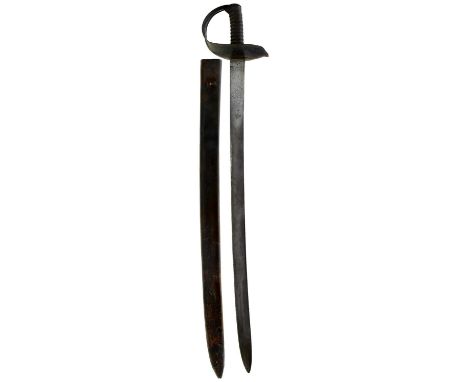 75cm blade, regulation black painted steel hilt with gold painted edges, ribbed iron grip, contained in its leather scabbard.