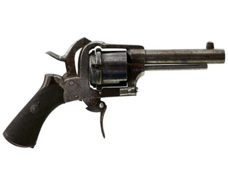 3.25inch sighted barrel, blued cylinder, cylinder release lever on the left side, folding trigger, chequered two-piece wooden