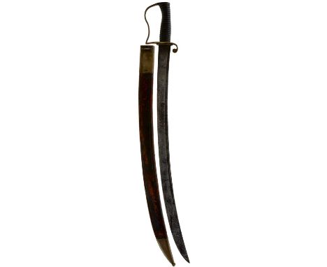 63cm curved fullered blade, regulation brass stirrup hilt, side bar removed, ribbed iron grip, contained in its brass mounted