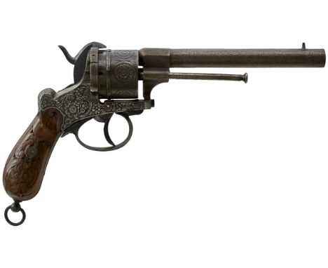 6.25inch sighted barrel, foliate etched cylinder and frame, loading gate on the right side, foliate carved two-piece wooden g