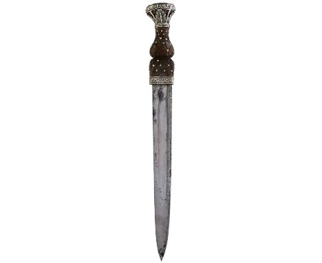 31.5cm fullered blade with faceted back edge and traces of etched decoration, characteristic hilt with carved basket weave wo