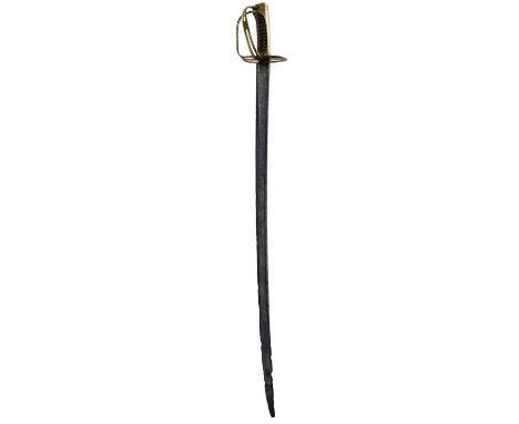 80cm fullered blade, slotted brass hilt with scalloped edges, folding sideguard, wire bound leather grip. Scabbard lacking.