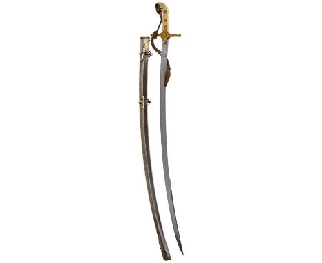 84.5cm curved blade with clipped back point, etched with scrolling foliage, crowned VRI cypher, owner's initials and a maker'