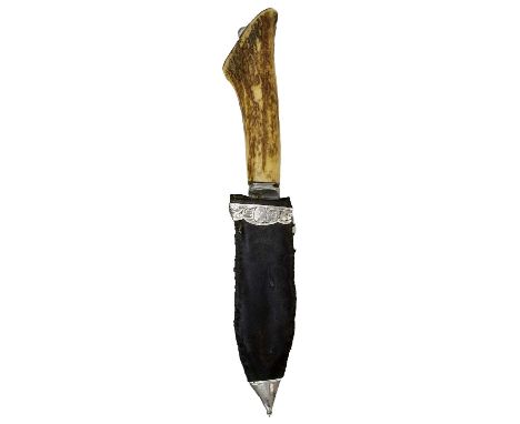 9.5cm blade by Henry Clegg &amp; Sons, natural stags horn grip, silver pommel cap set with a stone, white metal mounted leath