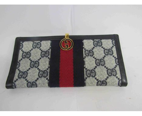 GUCCI  WEB LINE WALLET, classic GG monogram, centre navy and red canvas stripe.  One side opens to a purse department for coi