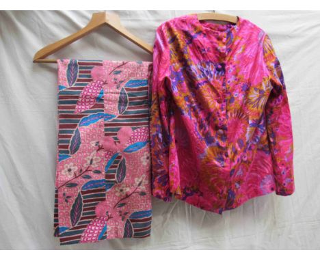 An Elida, London pure silk blouse and trouser suit, electric pink and purple floral pattern, and a pair of silk pink and turq