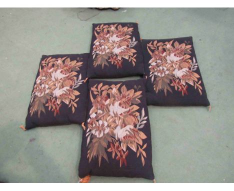 Four brown woven tapestry style rectangular cushions with tasseled corners, plain brown velour backing, some tassels missing 