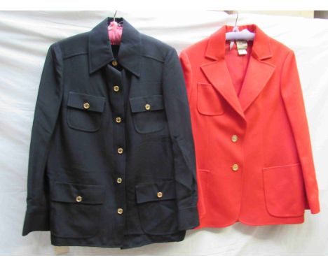 A Celine of Paris 1970 bright red lady's blazer with gold buttons and a Celine black tailored jacket, gold buttons, both made
