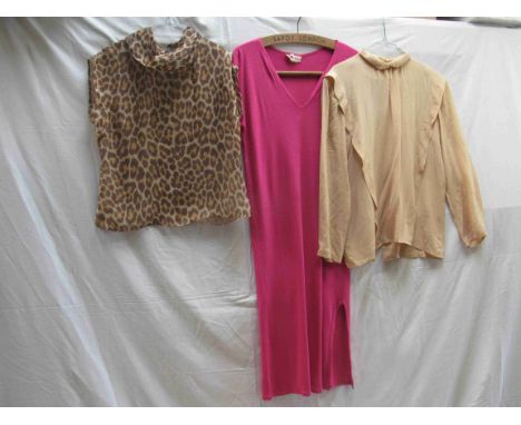 A "Monix" late 70's electric pink V neck jersey slip dress, a beige silk blouse military style and a silk chiffon leopard pri