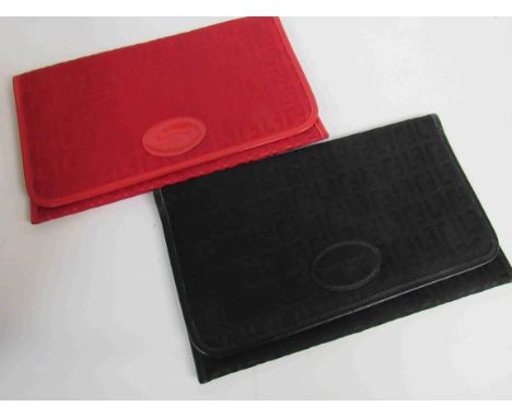 Two vintage Louis Feraud fabric and leather clutch bags with the LF logo pattern in red and black 