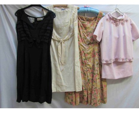 Four items of middle 20th Century clothing including a pale pink  knitted cocktail suit beading and pearl detail to neckline,