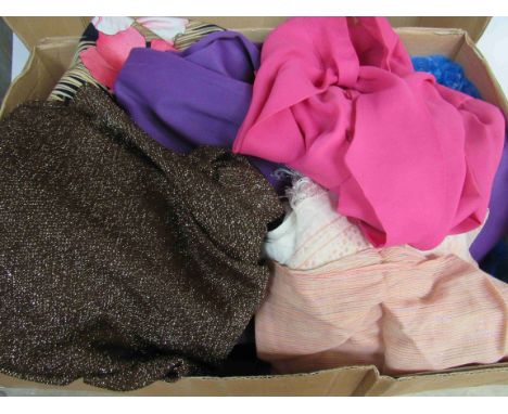 A box containing mainly 1970's everyday clothing including a brown and gold metallic thread blouse