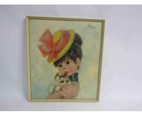 An Oleograph depicting a young girl with bonnet and kitten