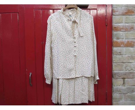 A Celine  Paris pure silk late 1970 cream two piece skirt suit with an allover star and love heart pattern in black and red