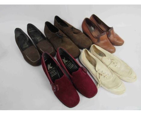 Five pairs of shoes including Dunlop white plimsolls, burgundy suede K Aqua skips and a pair of gents brown suede 'Bush Piggi