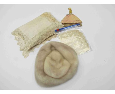 A quantity of vintage mainly silk ladies patterned handkerchiefs, a 1950's fur hat and crinoline lady clothes brush 