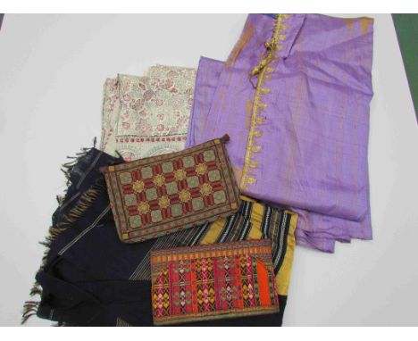 An Indian cotton floral print throw, an Eastern lilac silk tunic with gold thread, a navy/gold ethnic sash and two silk and w