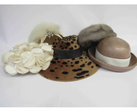 Five 1960's ladies' hats, grey mink and velvet, faux leopard, Trikki by Edna Wallace, layered petal effect, white skull cap w