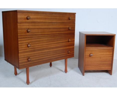 A vintage retro 20th century teak wood veneer chest of drawers and bedside cabinet by Avalon. The chest of drawers of a recta