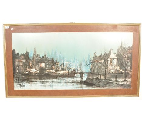 A retro vintage 1970s print of a canal scene in Holland. Mounted within a frame. The picture has various hotels and bars on t