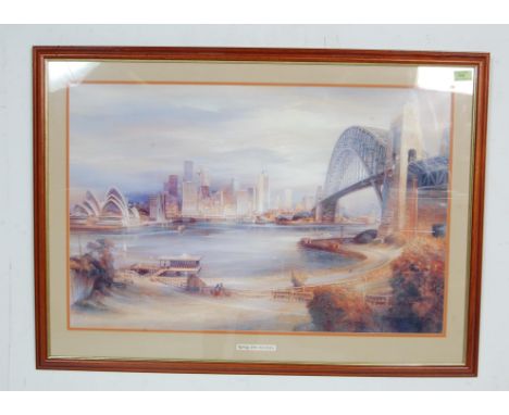 A large vintage retro 20th century lithograph print. The print named “ Sydney From Kirribilli “depicting the Sydney bridge. F