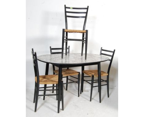 A vintage retro 20th century back lacquer dining table and chairs. The table having a marble effect Formica top raised on tap