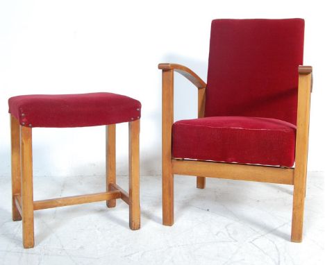 A vintage retro 20th century Danish inspired bedroom chair / easy chair. The chair having red upholstery show wood frame rais