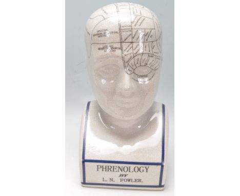 A vintage 20th century ceramic Phrenology Head / crackle glaze cream ceramic bust, marked ' Phrenology By L N Fowler. Notatio