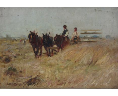 James William Booth (Staithes Group 1867-1953): 'Harvesting' with a Horse drawn Binder, oil on canvas laid on panel signed an