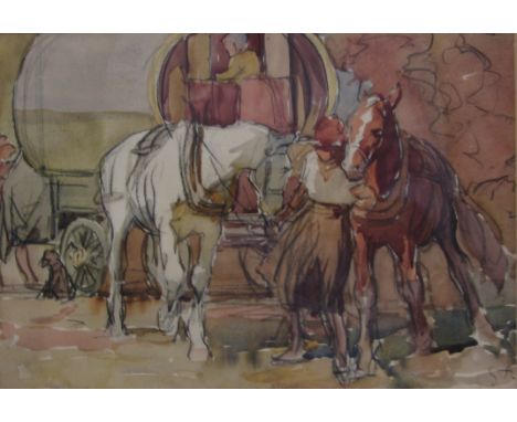 George Harrison (York 1882-1936): Gypsy Bow Top and Horses, watercolour and pencil initialled,  18cm x 26cmProvenance: part o