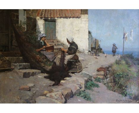 Frederic William Jackson (Staithes Group 1859-1918): Mending Nets at Runswick Bay, oil on canvas signed and dated 1884,  101c