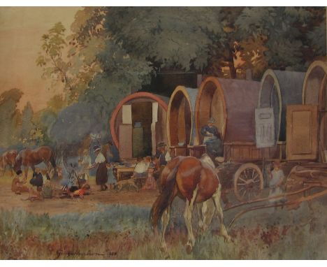 George Harrison (York 1882-1936): Gypsy Encampment, watercolour signed and dated 1928,  44cm x 54cmProvenance: part of the ar