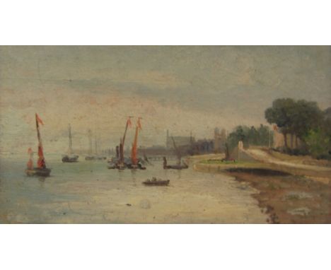English School (Late 19th century): 'Barges at R** London' & 'U.S.S. Chicago June 1894', double sided oil on panel unsigned 1