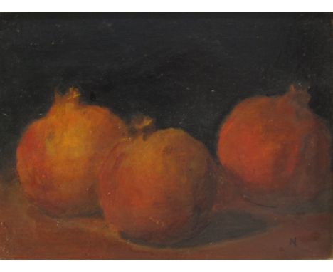 Nadia Cockayne (American 1933-): 'Three Pomegranates', oil on board initialled 15cm x 20cmNotes: based in York Nadia was marr